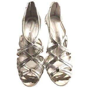Antonio Melani Womens Heels Stiletto Shoes Silver Leather Straps Studded 8.5 M